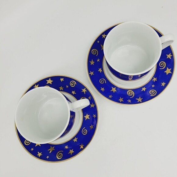 2 Pottery Barn Japan Demitasse Espresso Cups Saucers Blue Gold Stars Swirls HTF - Picture 8 of 12